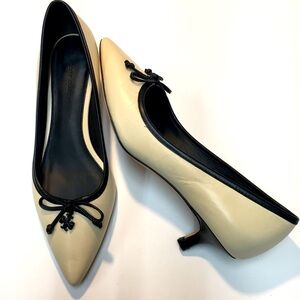 Tory Burch Tointy Toe Leather Kitten Heels 5.5 Cream Black Office Business Work